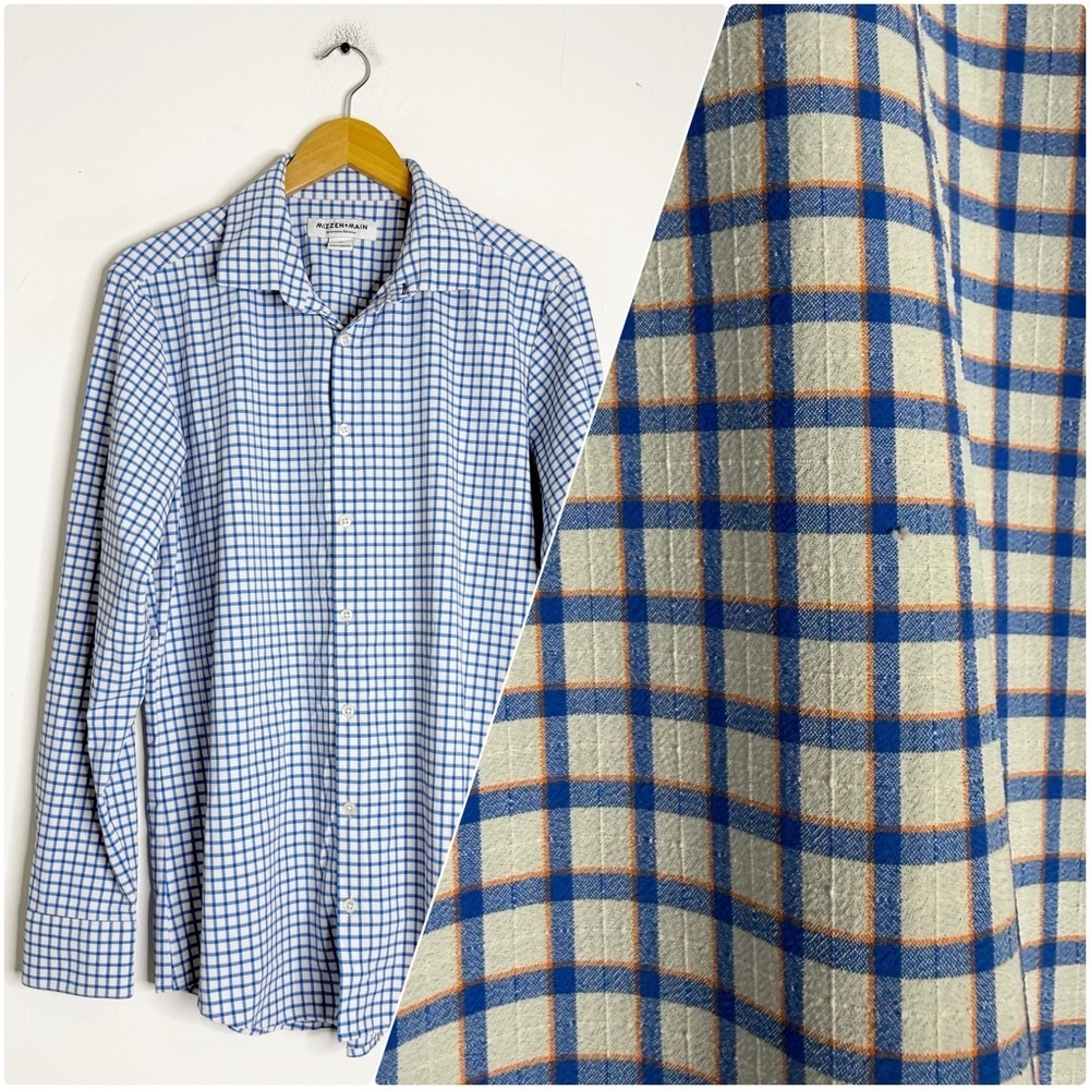 Mizzen+Main Performance Dress Shirt Blue Plaid Trim Fit Mens Medium